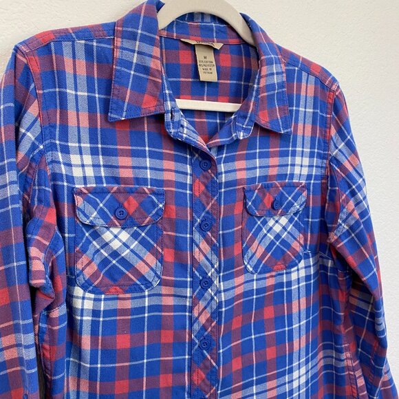Duluth Trading Co Women's Crosscut Wicking Flannel Shirt Medium Blue Pink Plaid - Picture 2 of 6